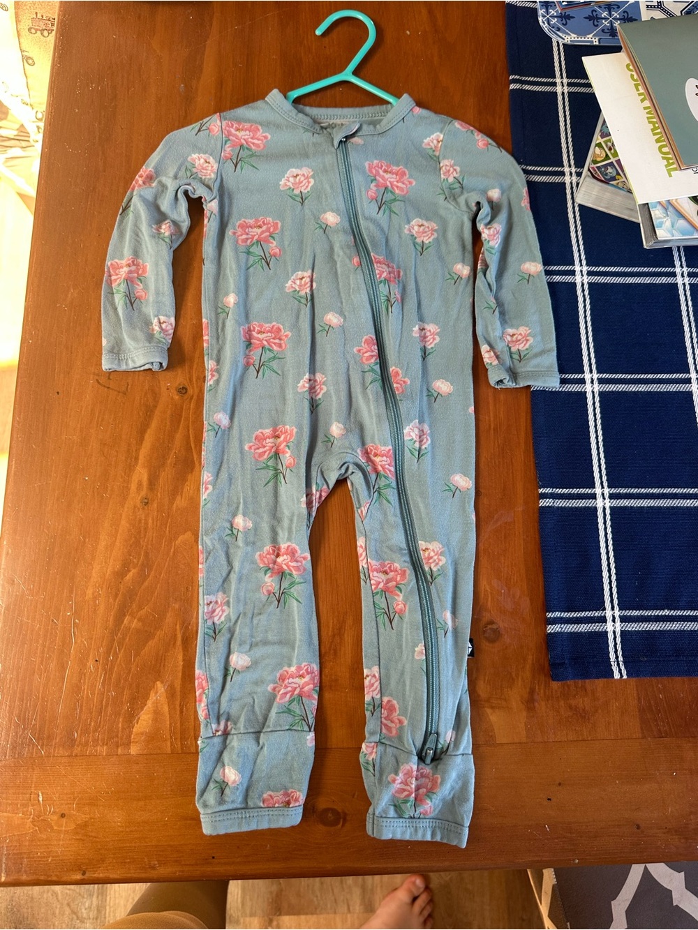 Kyte BABY Dusty Blue Floral Zip Footie - Pink Flowers